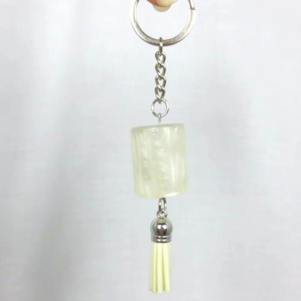 New Handcrafted Keychain Bag Charm White Beaded Boho Leather Tassel Swivel Clip